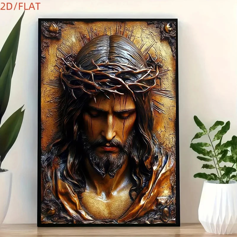 1Vintage Jesus Christ Sacred Wall Art - Realistic Jesus Face and Crown of Thorns Painting，Wooden Tone Canvas Print，Surround Fram