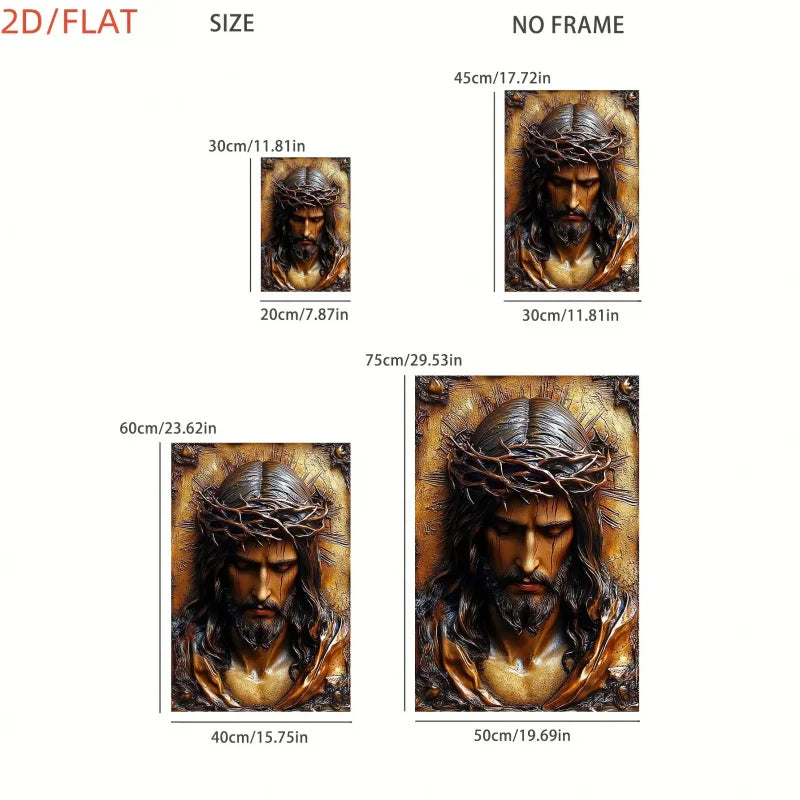 1Vintage Jesus Christ Sacred Wall Art - Realistic Jesus Face and Crown of Thorns Painting，Wooden Tone Canvas Print，Surround Fram