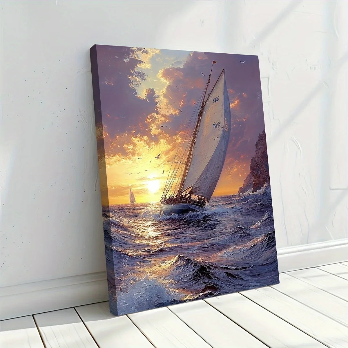 [2D Flat] Sunset Voyage Sailing Ship Canvas Painting 11.8x15.7inch - High-Definition Wooden Framed Art, 3D Spatial Design for Li