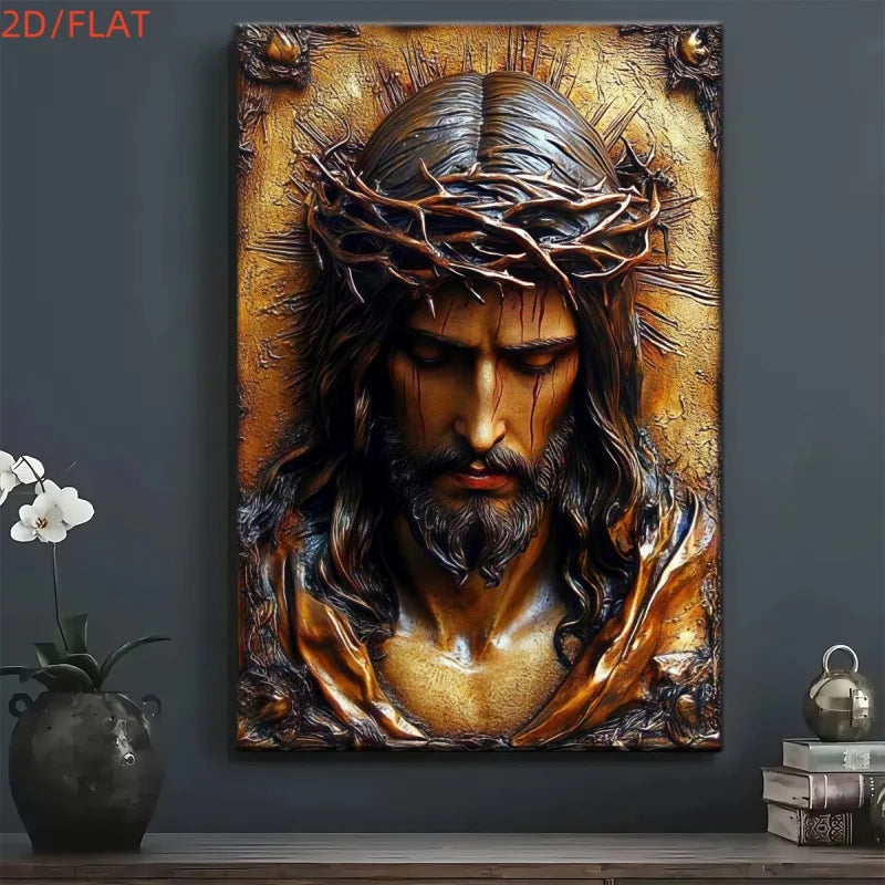 1Vintage Jesus Christ Sacred Wall Art - Realistic Jesus Face and Crown of Thorns Painting，Wooden Tone Canvas Print，Surround Fram