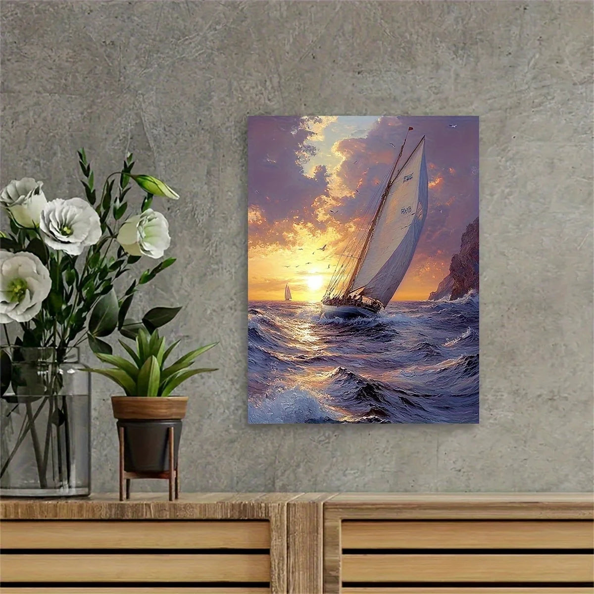 [2D Flat] Sunset Voyage Sailing Ship Canvas Painting 11.8x15.7inch - High-Definition Wooden Framed Art, 3D Spatial Design for Li
