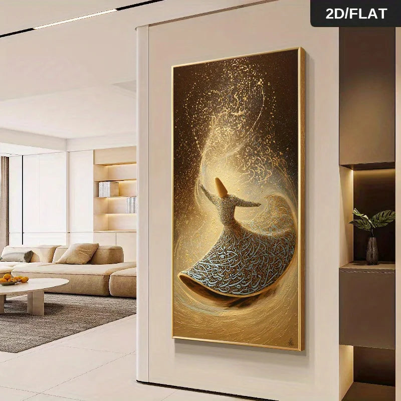 1pc Extra Large Modern Abstract Whirling Dervish Canvas Painting, Frameless Golden Calligraphy Print for Living Room Decortions